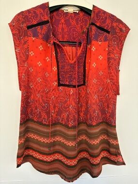 Ruff Hewn Red Patterned Cap-Sleeve Top Boho Bohemian Blouse Medium